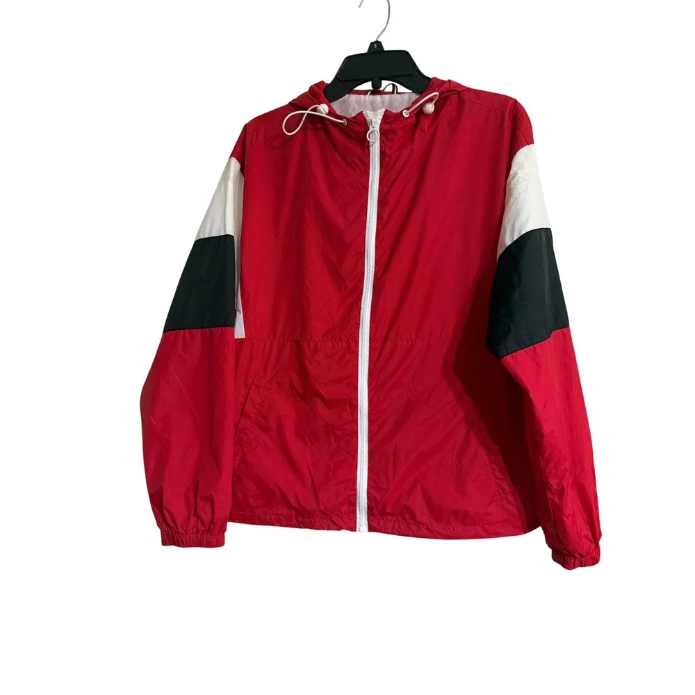GARAGE Color Block‎ Windbreaker Jacket Hooded Red White Black Lightweight Women